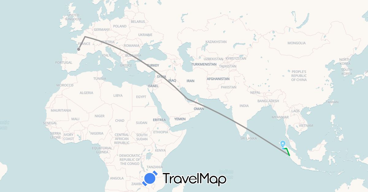 TravelMap itinerary: driving, bus, plane, boat in France, Indonesia, Qatar (Asia, Europe)